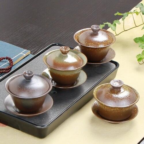 Retro tea tureen Chinese earthenware sancai tea bowl Creative tea set Fambe firewood ceramic cup cup and saucer set