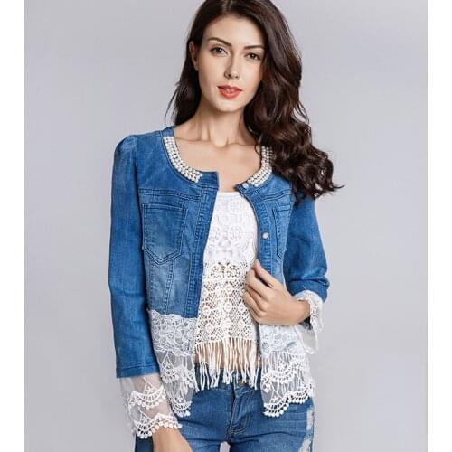 2019 Autumn New Denim Jacket Ladies fashion Large Size Lace Beaded Stitching Denim Jacket Jeans Coat Casacos Feminino A180