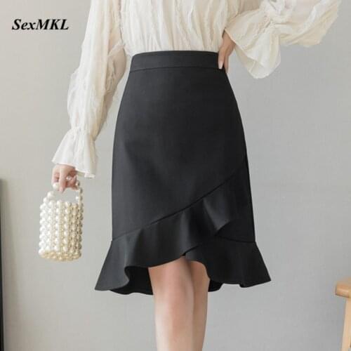 S-XXL Fashion Korean Black Pencil Skirts Womens 2021 Ruffles High Waist Bodycon Mujer Faldas Slim Cothes Elegant Office Skirt