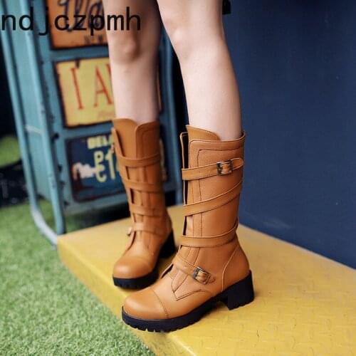 Autumn and Winter Women Boots Classic Fashion New Punk New Arrival 2020 Buckle Comfortable Black Mid Calf Boots Plus Size 33-42