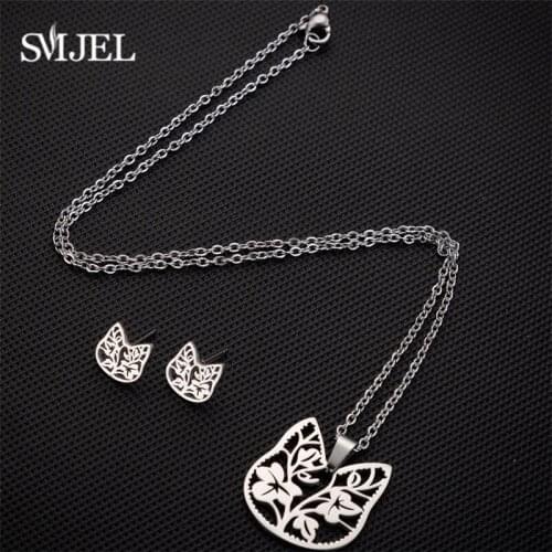 Smjel Ladies Elegant Stainless Steel Plant Sets Chain Necklace and Earrings Set Women Fashion Jewelry Choker