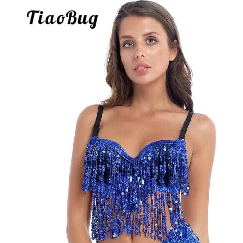 Women Adult Sequins Padded Bra Tassel Fringed Latin Jazz Belly Dance Tops Clubwear Party Festival Rave Stage Performance Costume