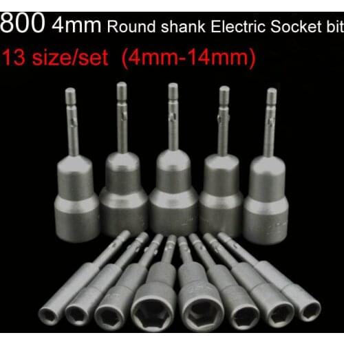 13size/set 800 4mm Round Shank Power Nut Driver Setter Hex Socket Electric screwdriver 4mm-14mm socket Hand tool Parts 65mm Long
