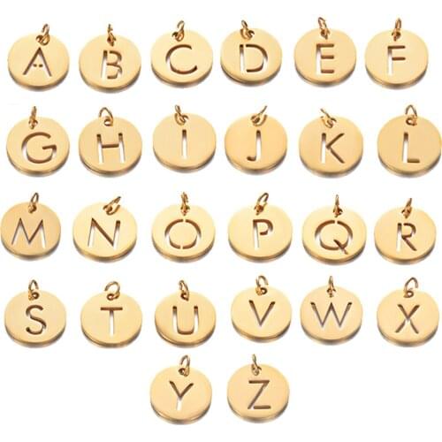 26 Pcs/Lot 304 Stainless Steel Alphabet 26 Letter Charms Flat Round for Necklace Earrings DIY Jewelry Accessories Golden Color