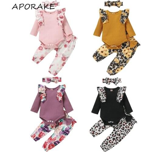 2021 0-18M Baby Girls Fall Clothing Long Sleeve Ruffle Knit Romper+Bow Floral Pants+Headband Set Sweet 3pcs