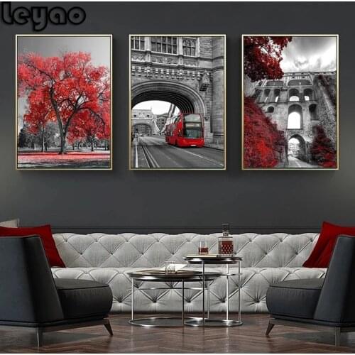 Black And White Red Tree Landscape Diamond Painting Wall Art Decoration Picture Triptych City Umbrella Tree Diamond Embroidery