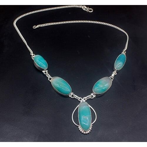 Hermosa Jewelry Attractive Design Green Botswana Agatee Silver Color Chain Necklace for Women Ladies Gift 20 Inch FQ20