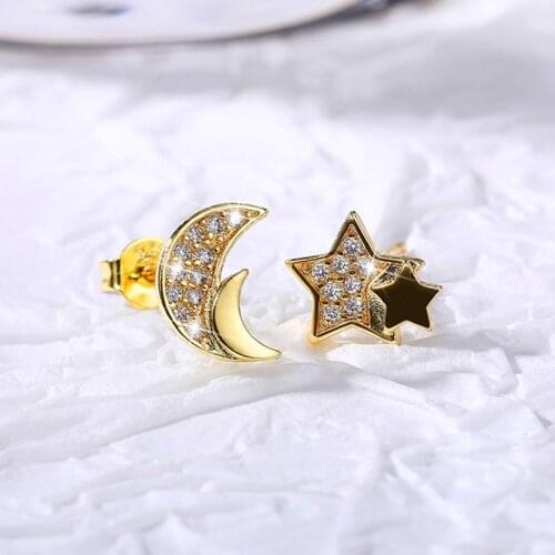 Huitan Fashion Star and Moon Stud Earrings for Women Inlaid White Cubic Zirconia Delicate Girl Ear Accessories Statement Jewelry
