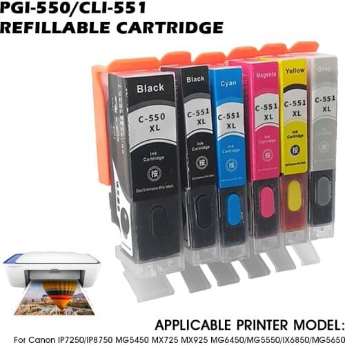 PGI-550 CLI-551 Empty Refillable Ink Cartridges for Canon IP7250/IP8750 MG5450 MX725 MX925 MG6450/MG5550/IX6850/MG5650 Printer