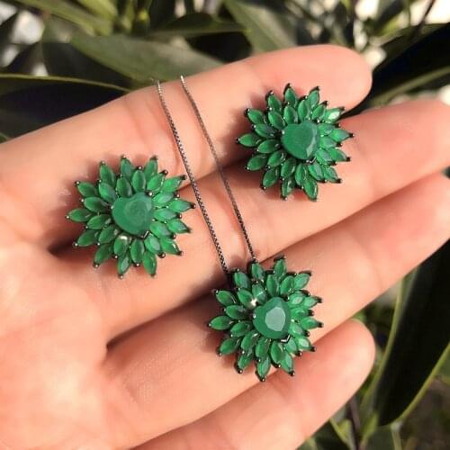 Fashion Flower Jewelry Sets for Women green Stud Earring Pendant Necklace cubic zirconia Stone Charm bride Wedding girl jewelry