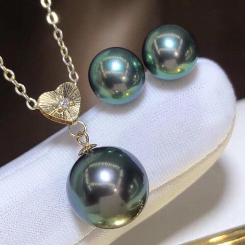 D608 Pearl Set Fine Jewelry Solid 18k Gold Diamonds Round 7-10mm Nature Fresh Water Peacock Green Pearls Jewelry Sets for Women