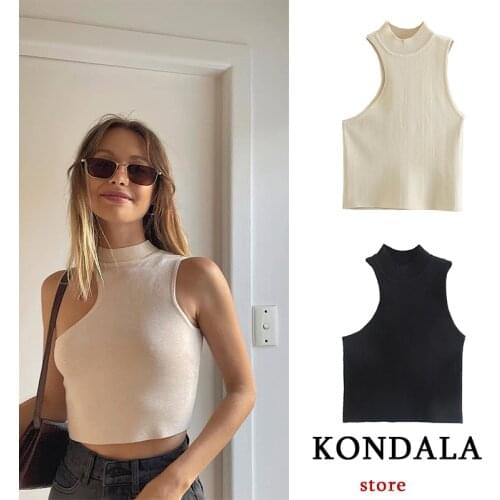 KONDALA Women Vest Fshion New Summer Vintage Solid Sleeveless Asymmetric Knitted Za Top Girls Casual Chic Mujer Blouse