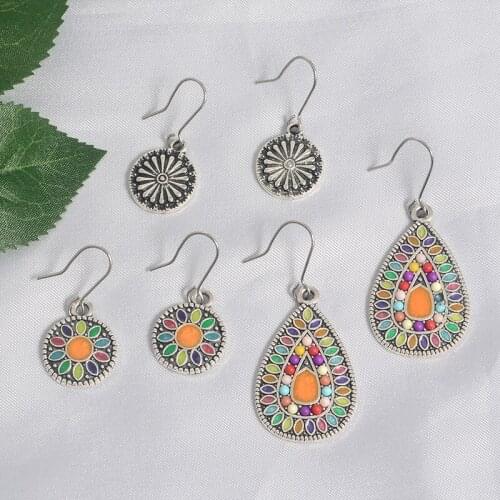 Boho Round Oval Colorful paint Ethnic Dangle Earrings Emboss Inlay bead drop Earrings Fashion women earrings Jewelry gift
