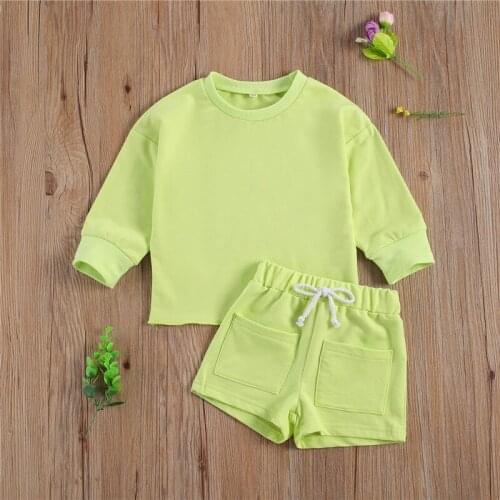 Little Boy Girls Fashion Solid Color Clothes Sets Long Sleeve Tops T-shirt + Lace Up Waist Shorts with Pocket And Drawstring