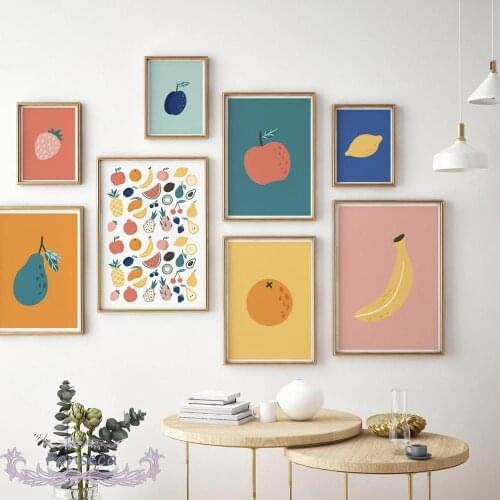 Cartoon Fruit Food Kitchen Poster Apple Pear Lemon Orange Banana Strawberry Canvas Painting Wall Art Print Picture Dining Room