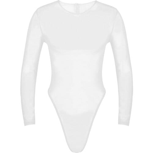 Mens Long Sleeve Slim Fit Bodysuit High Cut Thong Leotard Jumpsuit Catsuit Sleepwear See-Through Mesh Back Zipper Sexy Nightwear
