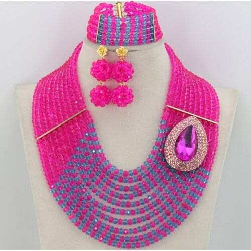 Nigerian Wedding African Beads Jewelry Set Fushia Crystal Beads Jewelry Set Costume Necklace/Bracelet/Earrings Set AMJ575