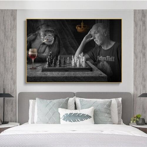 Monkey Playing Chess Creative Art Paintings Print on Canvas Art Posters and Prints Black And White Animals Art Pictures Cuadros