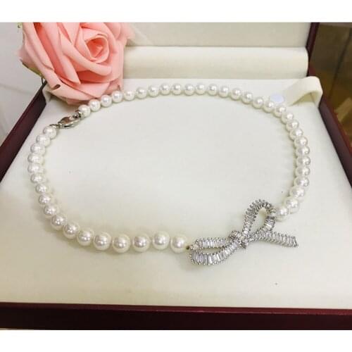 Natural Pearl Necklace Clavicle Bow Tie Short Micro Inlay Zircon Decoration Fashion Choker Female Jewelry