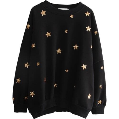 PERHAPS U Women Autumn Winter Crew Neck Black Star Sequined Bling Sweatshirts Pullovers Casual H0037