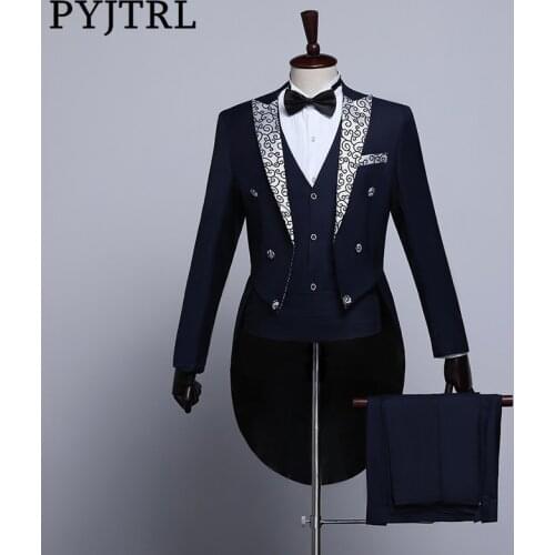 PYJTRL Male Fashion Black Navy Blue White Floral Lapel Wedding Grooms Tailcoat Tuxedo Evening Party Costumes Singers Suit Men