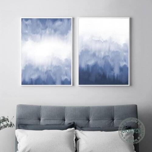 Blue Watercolor Blur Forest Scenery Canvas Painting Nordic Abstract Posters and Prints Wall Art Pictures for Living Room Decor