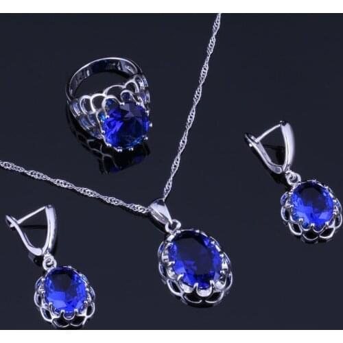 Classy Oval Egg Blue Cubic Zirconia Silver Plated Jewelry Sets Earrings Pendant Chain Ring V0276