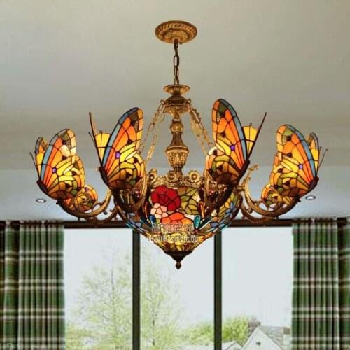 Tiffany Baroque butterfly pendant light Stained Glass Suspended Luminaire Chain hanging lighting for Home Parlor Dining Room