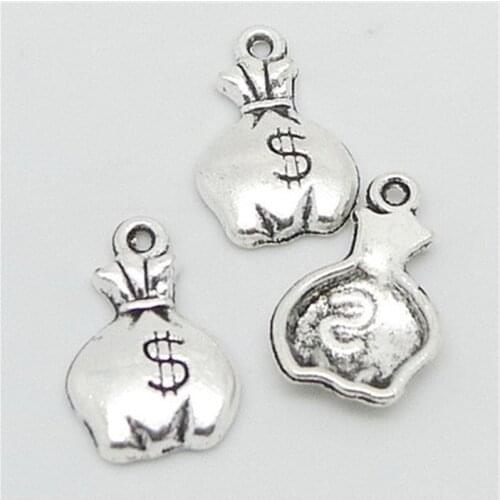 BULK 30 Vintage Antique Silver Plated Money Bag Dollar Purse Charms Pendant for DIY Jewelry Making Handmade Craft 10*17mm 0.8g