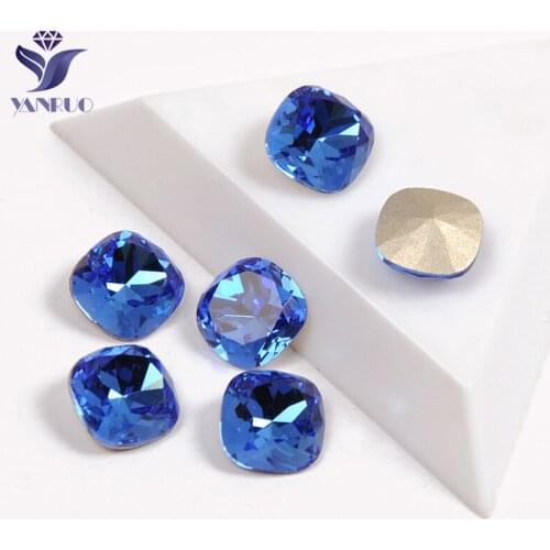 YANRUO 4470 Cushion Cut Sapphhire Bright Blue Rhinestones Sewn Crystals Stones Sewing Rhinestones Glass Claws DIY Dresses