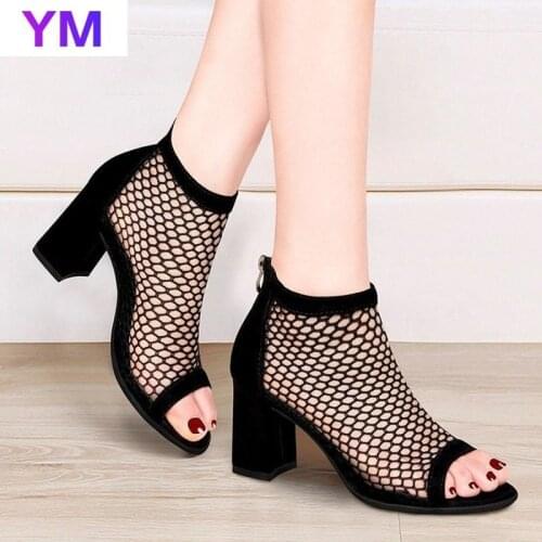 HOT 2021 New Design Open Toe Square Heels Cool Sandals Boots Gladiator for Women Sandals Fashion Back Zipper Ladies Shoes Mesh