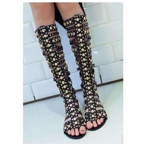 Gold Studs Women Straps Cage Sandal Boots Sexy Open Toe Ladies Gladiator Boots Fashion Flat Boots Zipper Back Summer Boots