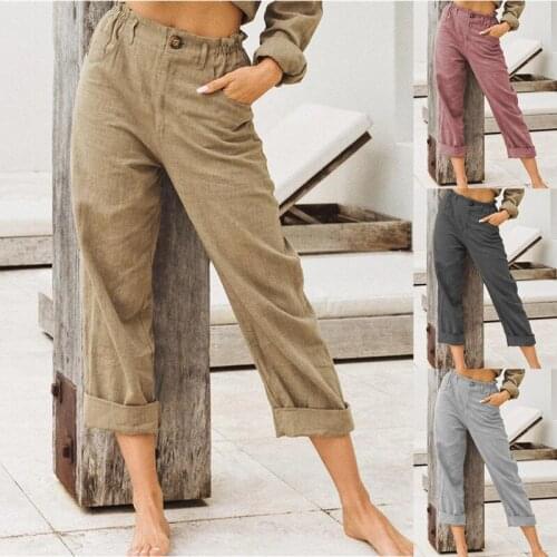 2020 womens new solid color cotton and linen fashion loose high waist casual trousers women