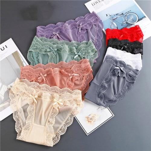 Womens Briefs Ultra Thin Underwear Underpants Soft Lingerie Sexy Lace Panties Sleepwear Low-Rise Knickers Hollow Bow Lingerie