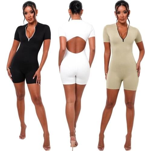 Sexy Deep V Neck Zipper Jumpsuit Open Back Waist Shorts Backless Casual Playsuit Women Solid Bodycon Rompers Sportwear 2021