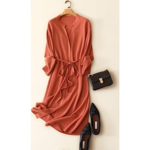 2020 New France Designs 100% Cashmere Knitted Dress Women Elegant Fashion Pullovers Oversized Dresses Long Sleeve Sweater Belt