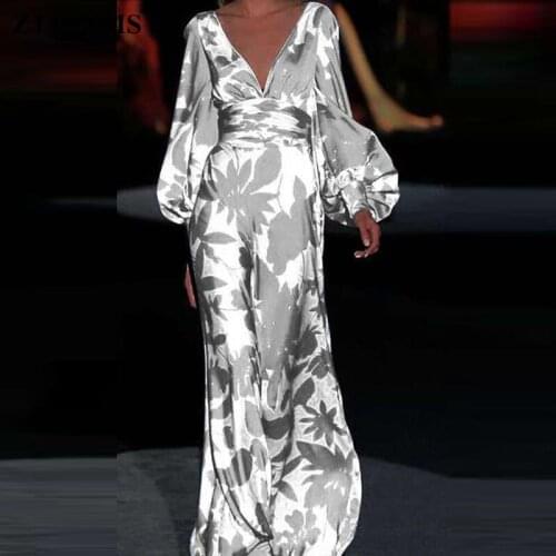 Fashion Lady Printing Tight Party Dress Women Sexy V Neck Lantern Sleeve Long Dress Autumn Elegant Long Sleeve Boho Maxi Dresses