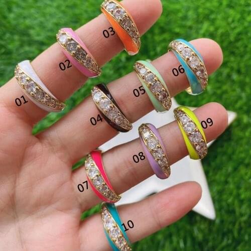 10Pcs Fashion Design Colored Enamel Zircon Twist Brass Adjustable Opening Ring For Women Jewelry Gold Plating