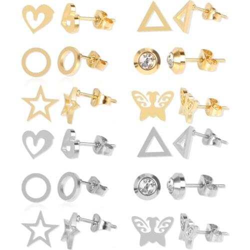 12 pairs Stainless steel earrings Butterfly stars stud earrings gold silver