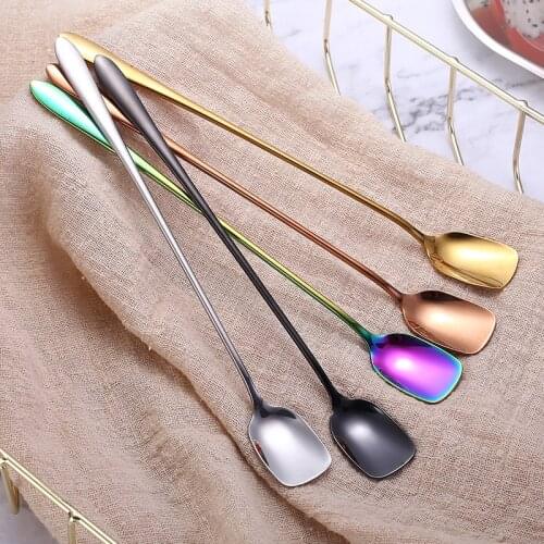 6 Pcs 304 stainless steel mixing spoon Creative Square head ice spoon shovel head spoon coffee long handle small tea scoop