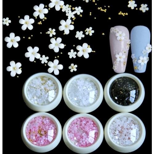 6pcs White Acrylic Flower Nail Art Decoration Set Mix Size Rhinestones Gold Silver Gem Manicure Accessories DIY Nails Design Kit