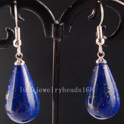 Free Shipping Women Fashion Jewelry 13x25mm Natural Lapis Lazuli Water Drop Beads Dangle Earring Pair C4133