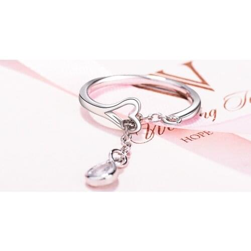 XIYANIKE Cute Heart Simple Chain Hanging Zircon Chain Rings Unique Opening Adjustable Statement Jewelry For Women Hot Sale New