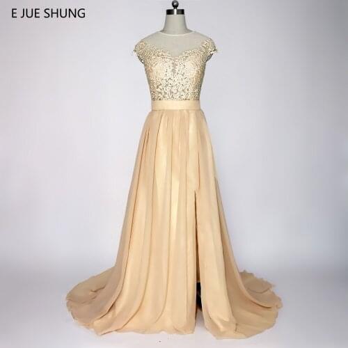 E JUE SHUNG Champagne Lace Appliques Cheap Evening Dresses Long Cap Sleeves Side Slit Formal Dresses Evening Gowns