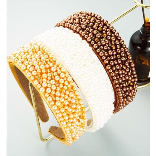 Elegant Colorful Crystal Full Simulated Pearl Headband Vintage Hand Made Crystal Beaded Wide-brimmed Hairband Girls Tiara Bezel