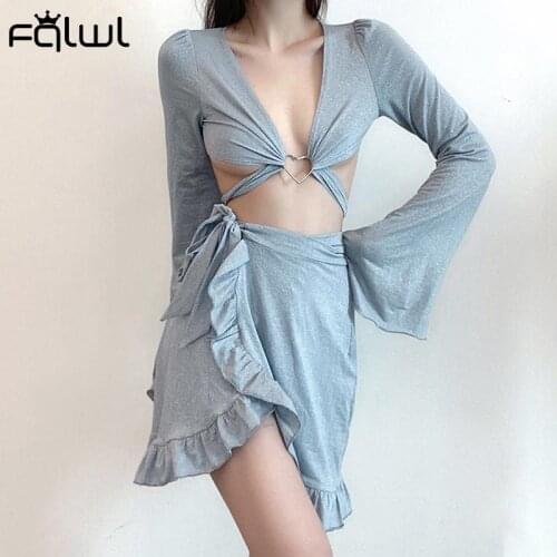 FQLWL Autumn Sexy Blue Crop Top Women 2021 Solid V Neck Long Sleeve Bandage Short Tops Female Bodycon Clubwear Fashion T Shirts