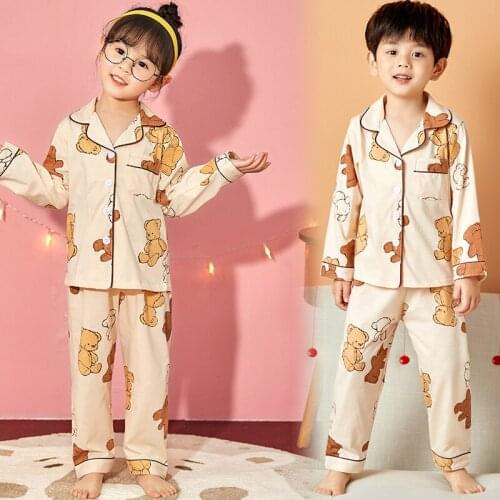 Cardigan Spring Unisex Cotton Kids Pajamas Suit Cute Print Lapel Girl Sleepwear New Party Pyjamas for Boy Gift Home Wear Set