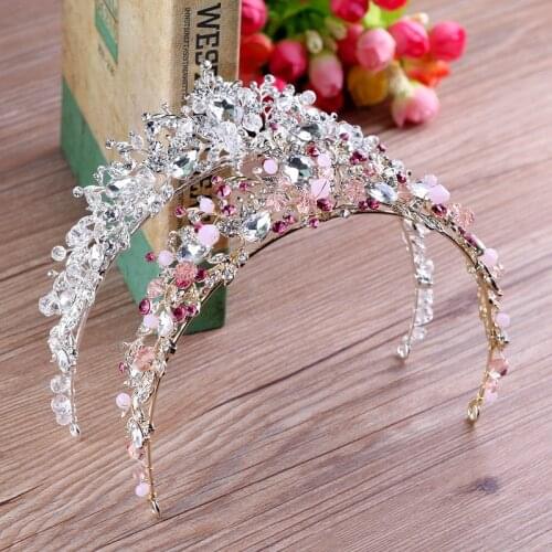 KMVEXO Handmade Pink White Beads Bridal Crown Flower Bride Hair Jewelry Crystal Tiara Princess Crowns Wedding Hair Accessories