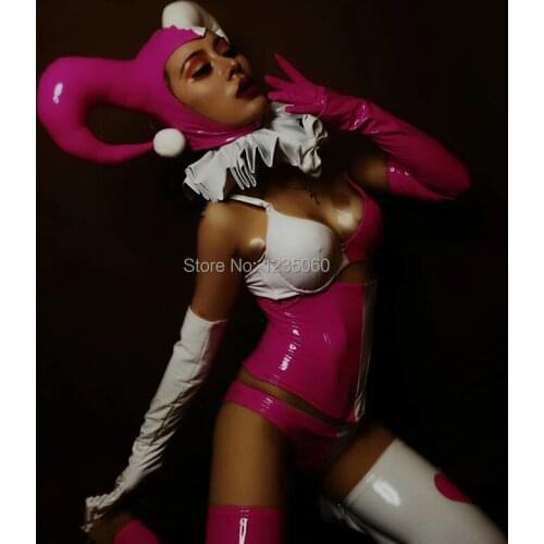 Pink White Stitching PU Leather Bodysuit Headgear Set Party Prom Modern Dance Costume Bar Singer Group Stage Performance Clothes