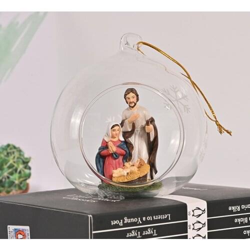Creative Hanging Glass Ball with Religious Figurine Resin Holy Family Statue Jesus Home Office Decor Hanging Glass Vase